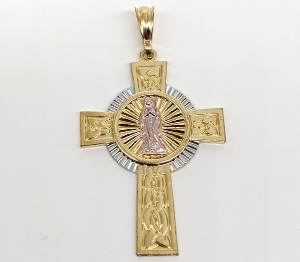 Plated Tri-Color Cross with Virgin Mary Pendant