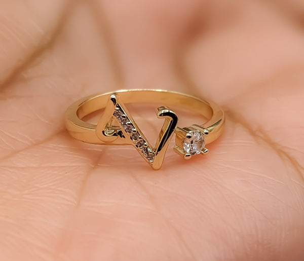 Plated Adjustable Initial Letter "V" Ring