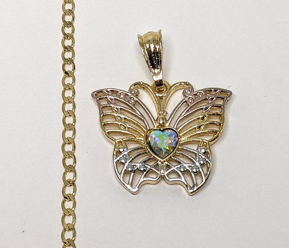 Plated Tri-Gold Butterfly 3mm Cuban Chain Necklace