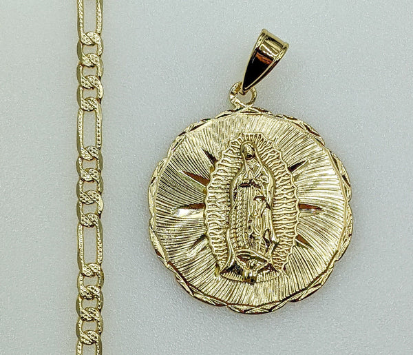 Plated Virgin Mary 4mm 14K Diamond Figaro Chain Necklace