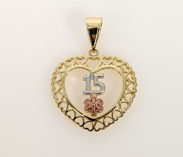 Plated Tri-Color Heart "My 15" Quince Pendant