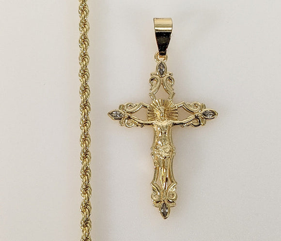 Plated Cross 3mm Rope/Braided Chain Necklace