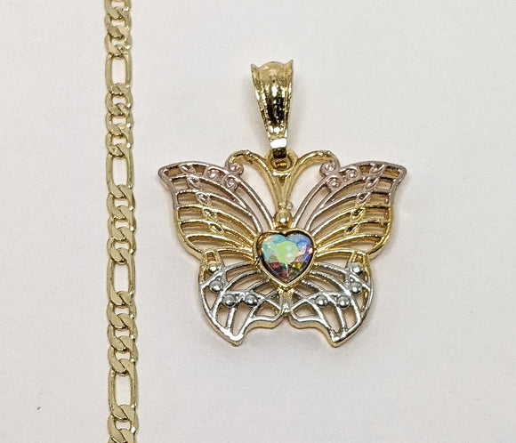 Plated Tri-Gold Butterfly 3mm Figaro Chain Necklace