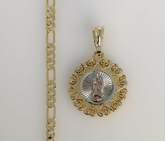 Plated Tri-Color Virgin Mary 4mm Figaro Chain Necklace