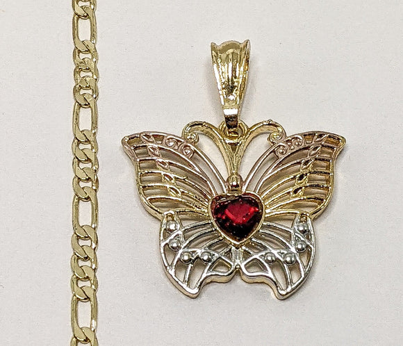 Plated Tri-Gold Butterfly 3mm Figaro Chain Necklace