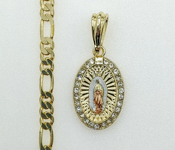 Plated Tri-Color Virgin Mary 5mm Figaro Chain Necklace