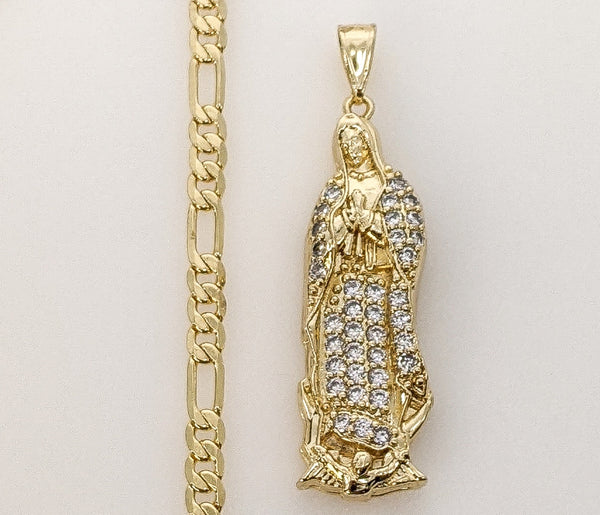 Plated Large Virgin Mary 5mm Figaro Chain Necklace