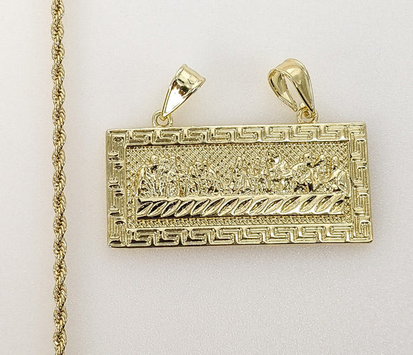 Plated The Last Supper Plaque Pendant 2mm Rope/Braided Chain Necklace