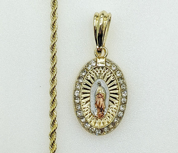 Plated Tri-Color Virgin Mary 2mm Rope/Braided Chain Necklace