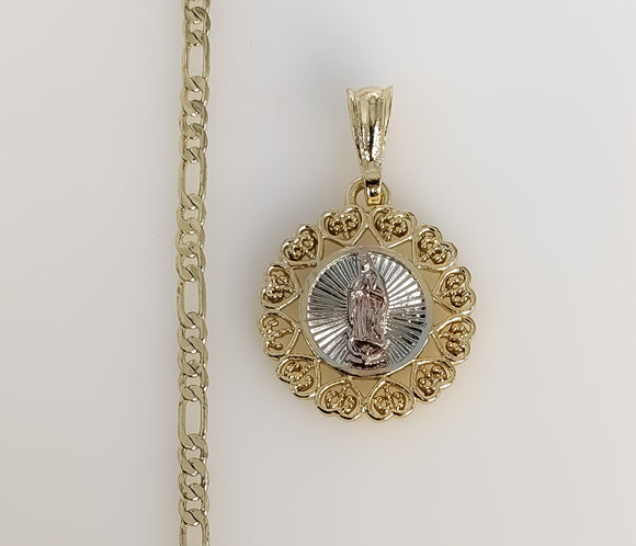 Plated Tri-Color Virgin Mary 3mm Figaro Chain Necklace