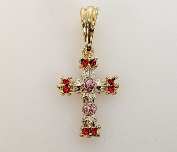 Plated Tri-Color Dainty Rose Cross Pendant