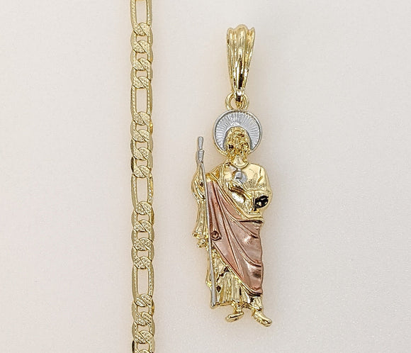 Plated Medium Tri-Color Saint Jude 4mm 14K Diamond Figaro Chain Necklace
