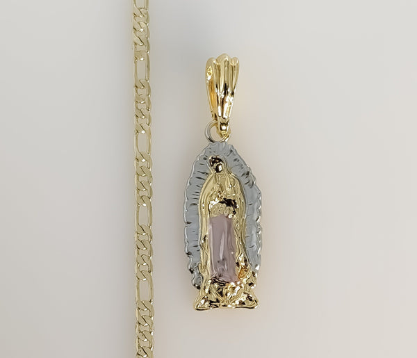 Plated Tri-Color Virgin Mary 3mm Figaro Chain Necklace