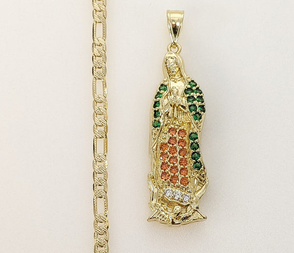 Plated Virgin Mary 4mm 14K Diamond Figaro Chain Necklace