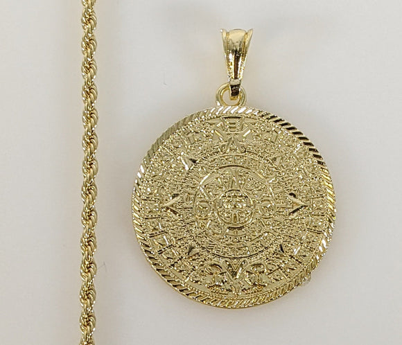 Plated Aztec Mayan Calendar 3mm Rope/Braided Chain Necklace