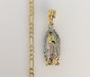 Plated Tri-Color Virgin Mary 4mm 14K Diamond Figaro Chain Necklace