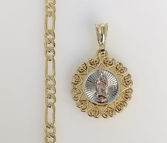 Plated Tri-Color Virgin Mary 4mm 14K Diamond Figaro Chain Necklace