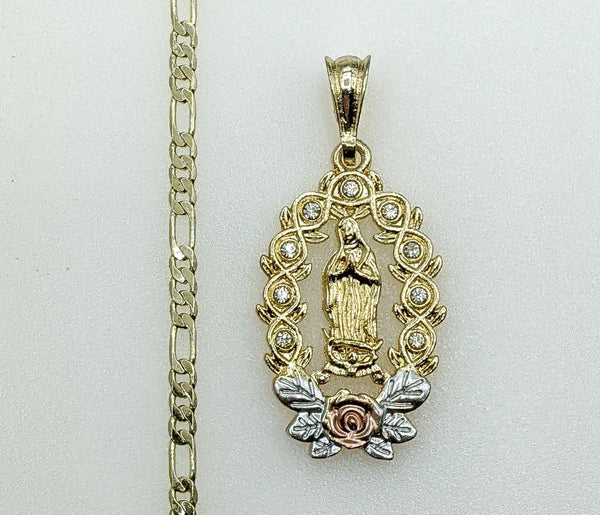 Plated Tri-Color Virgin Mary 3mm Figaro Chain Necklace