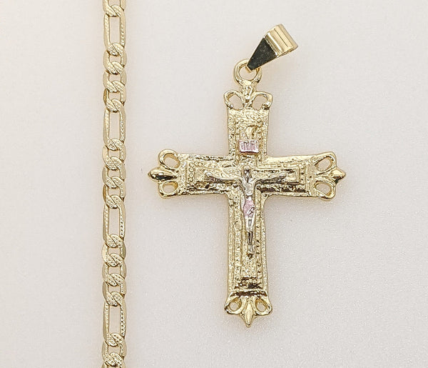 Plated Tri-Color Cross 4mm 14K Diamond Figaro Chain Necklace