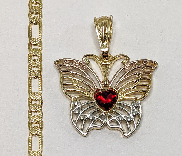 Plated Tri-Gold Butterfly 4mm 14K Diamond Figaro Chain Necklace