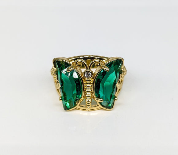 Plated Faux Emerald Butterfly Ring*