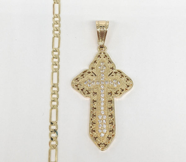 Plated Cross Pendant and Figaro Chain Set