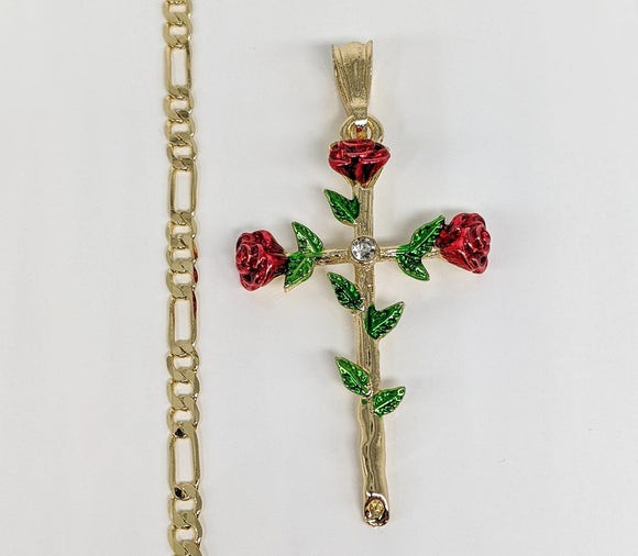 Plated Rose Cross Pendant and Figaro Chain Set