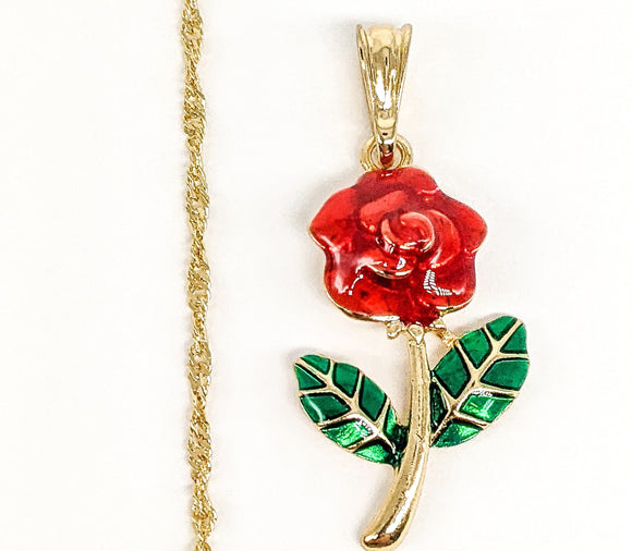 Plated Multicolor Rose Flower Pendant and Twist Chain Set