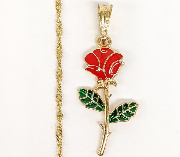 Plated Multicolor Rose Flower Pendant and Twist Chain Set