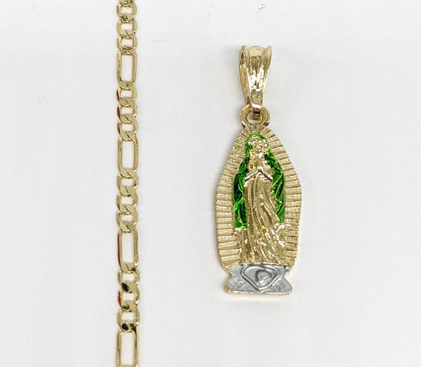 Plated Multicolor Virgin Mary Pendant and Figaro Chain Set
