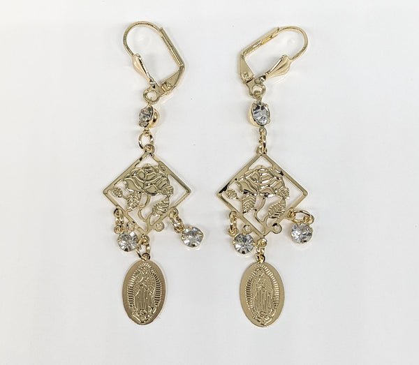 Plated Virgin Mary and Rose Earring