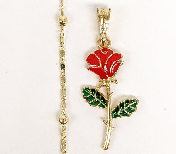 Plated Multicolor Rose Flower Pendant and Pearl Chain Set