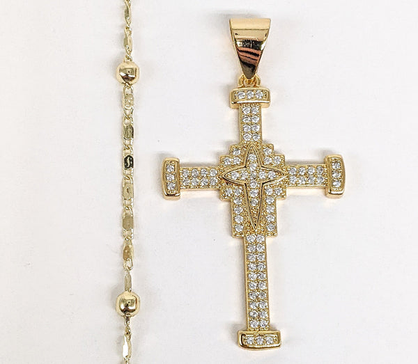 Plated Cross Pendant and Pearl Chain Set