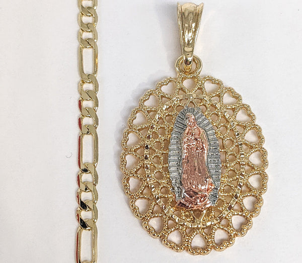 Plated Tri-Color Virgin Mary 4mm Figaro Chain Necklace