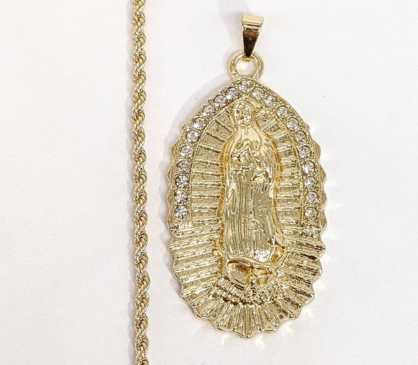 Plated Virgin Mary 2mm Rope/Braided Chain Necklace