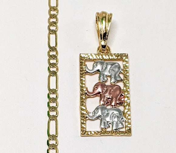 Plated Tri-Gold Elephant 3mm Figaro Chain Necklace