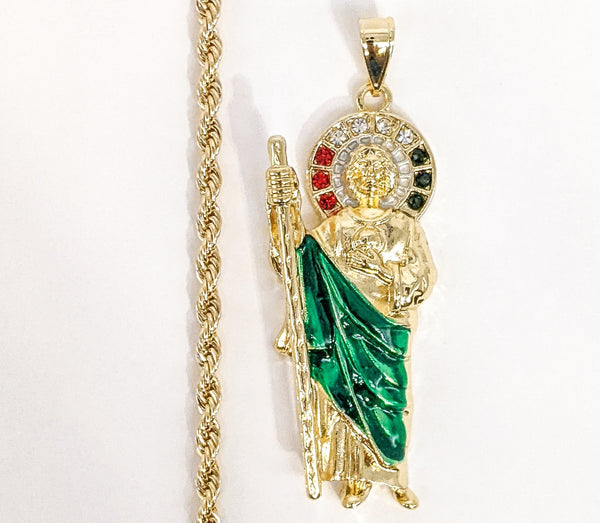 Plated Multicolor Saint Jude Pendant and Rope/Braided Chain Set