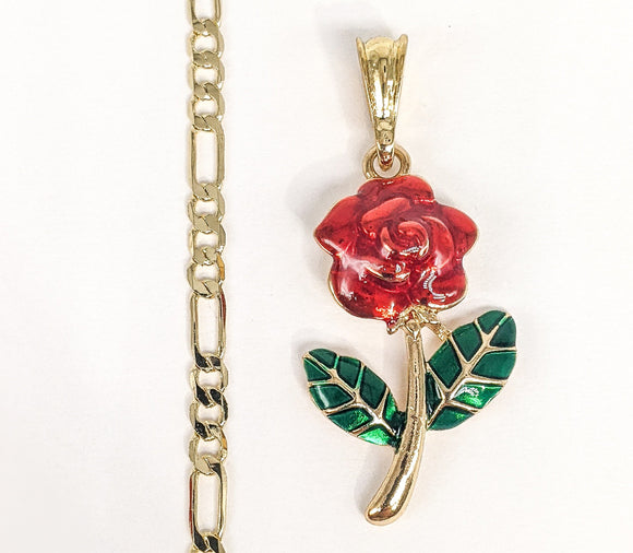 Plated Multicolor Rose Flower Pendant and Figaro Chain Set*