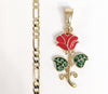 Plated Multicolor Rose Flower Pendant and Figaro Chain Set