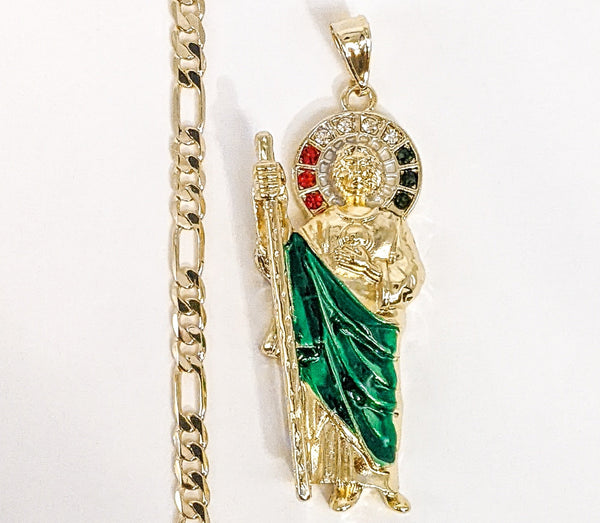 Plated Multicolor Saint Jude Pendant and Figaro Chain Set