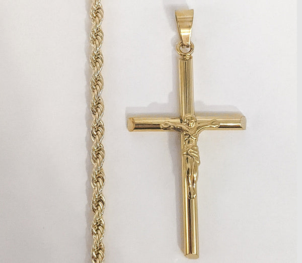 Plated Cross Pendant and Rope/Braided Chain Set