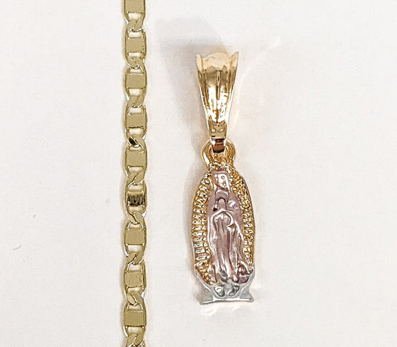 Plated Tri-Gold Mini Dainty Virgin Mary Pendant and Mariner Anchor Chain Set