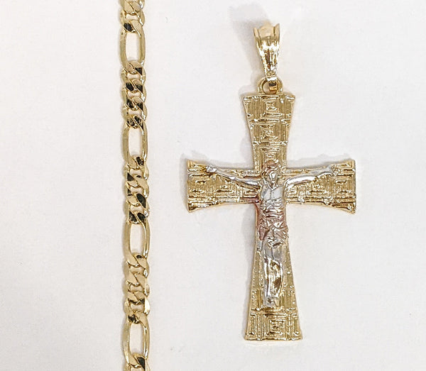 Plated Tri-Gold Cross 5mm Figaro Chain Necklace