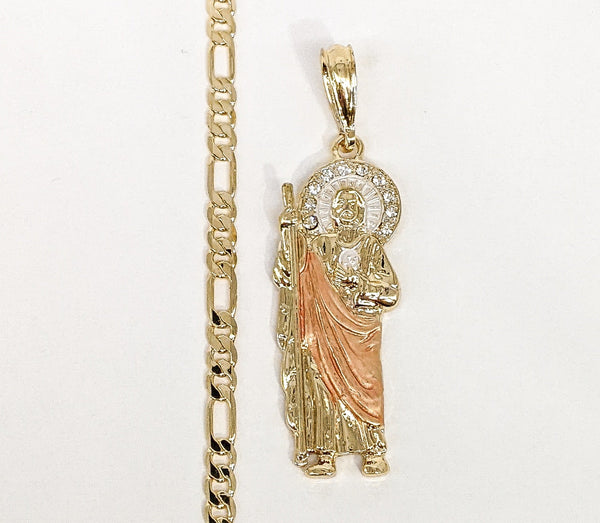 Plated Tri-Gold Saint Jude Pendant and Figaro Chain Set