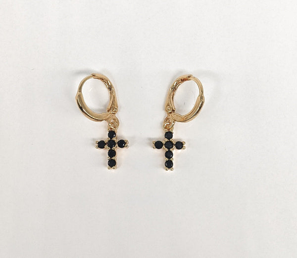 Plated Black Stone Cross Earring