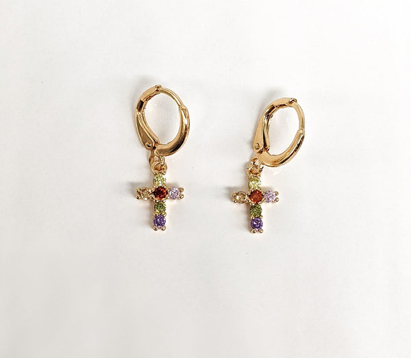 Plated Multi Stone Cross Earring