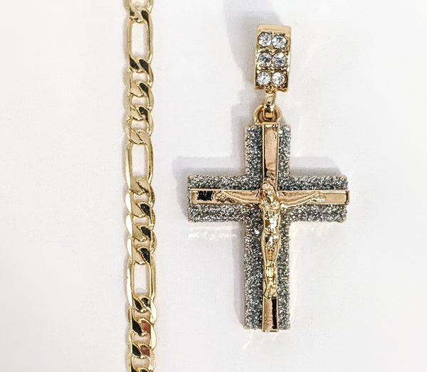 Plated Cross Pendant and Figaro Chain Set