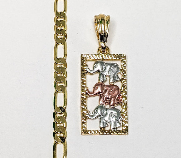Plated Tri-Gold Elephant 5mm Figaro Chain Necklace