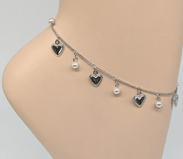 Rhodium Plated Heart with Pearls Anklet