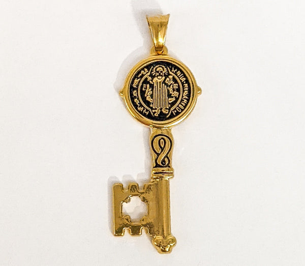 Stainless Steel Gold Saint Benedict Key Pendant